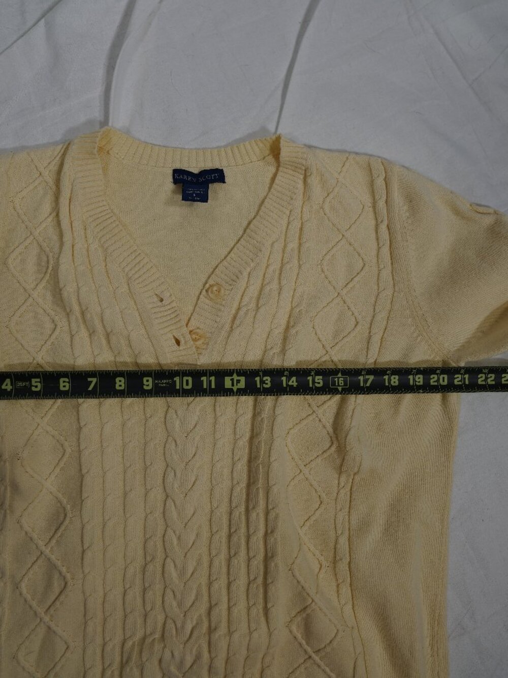 Karen Scott Cable Knit Preppy V Neck Sweater L Cream Yellow Cotton Button Detail - Picture 5 of 6
